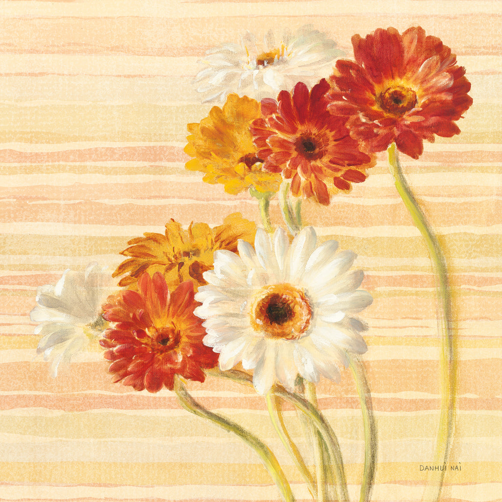 Reproduction of Dancing Gerberas on Stripes by Danhui Nai - Wall Decor Art