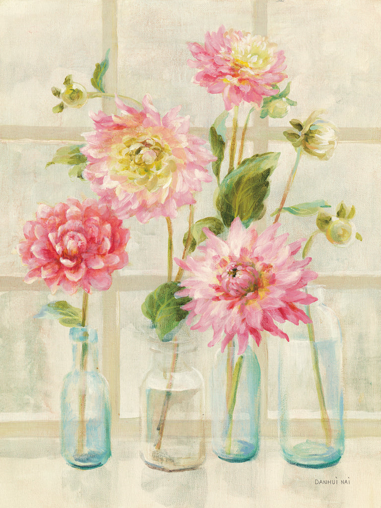 Reproduction of Dahlias on Windowsill by Danhui Nai - Wall Decor Art