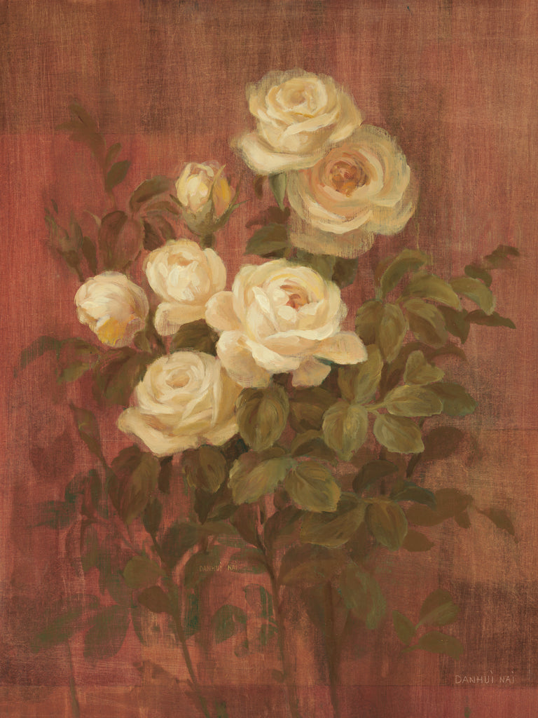 Reproduction of Peach Roses on Red I by Danhui Nai - Wall Decor Art