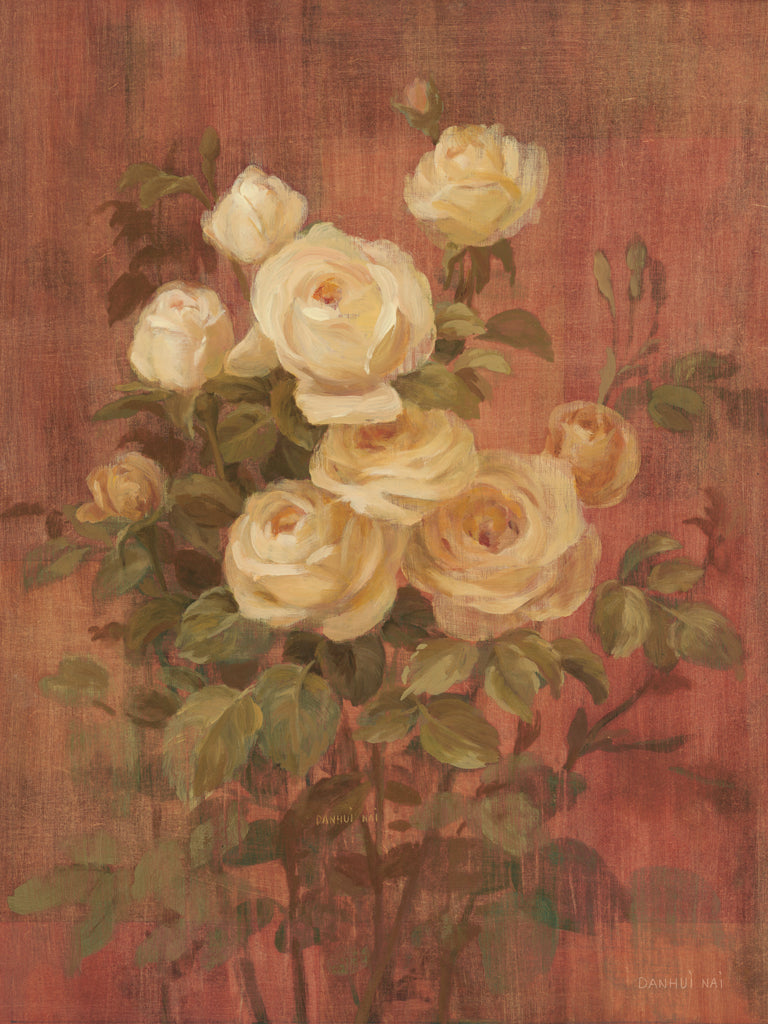 Reproduction of Peach Roses on Red II by Danhui Nai - Wall Decor Art