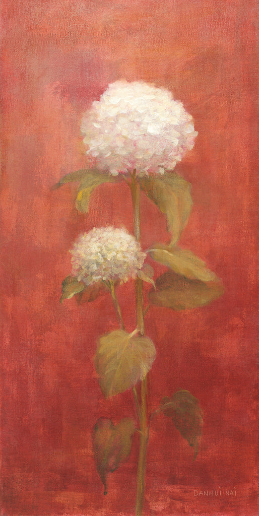 Reproduction of White Hydrangea on Red by Danhui Nai - Wall Decor Art