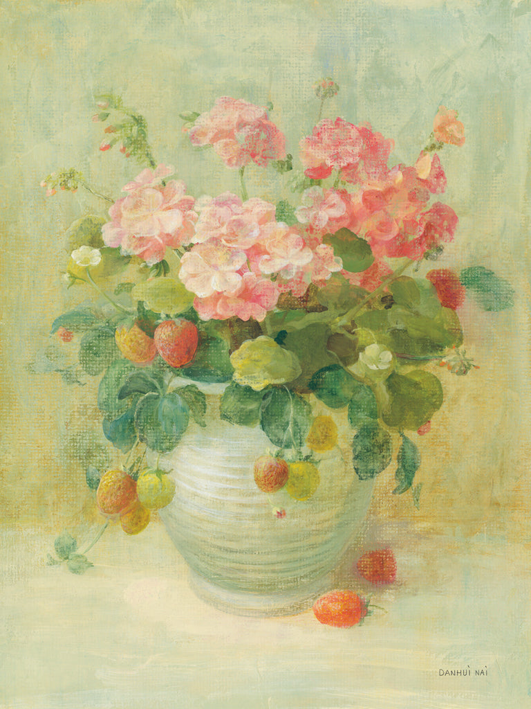 Reproduction of Pink Geraniums with Strawberries by Danhui Nai - Wall Decor Art