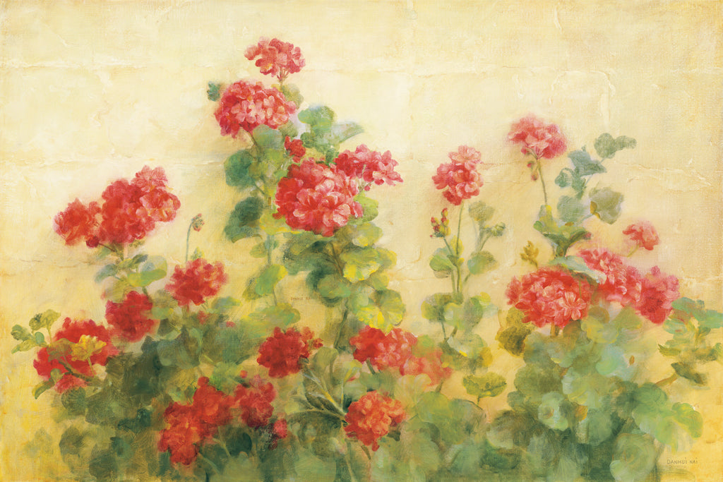 Reproduction of Red Geraniums on White by Danhui Nai - Wall Decor Art