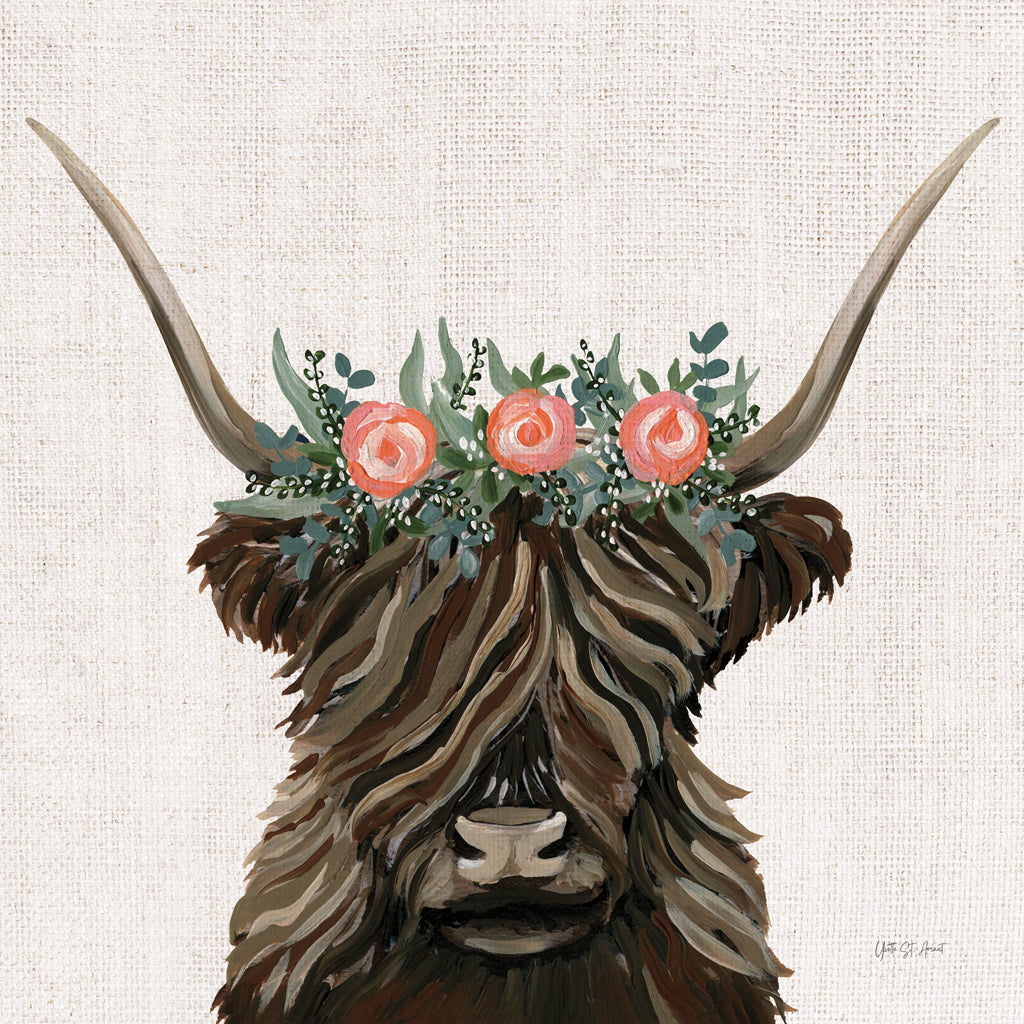 Reproduction of Longhorn with Rose Crown Linen Sq by Yvette St. Amant - Wall Decor Art