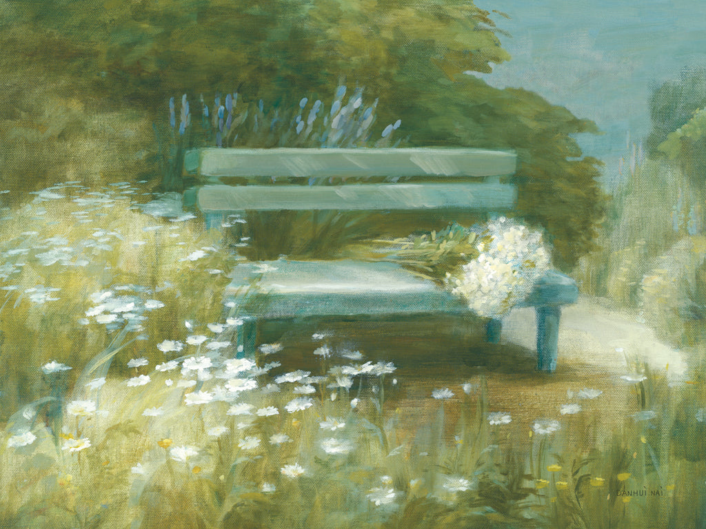 Reproduction of Garden Bench with Daisy Bouquet by Danhui Nai - Wall Decor Art