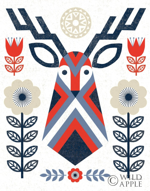 Reproduction of Folk Lodge Deer II Red Navy by Michael Mullan - Wall Decor Art